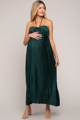 Forest Green Pleated Halter Maternity Maxi Dress