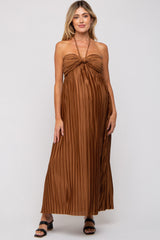 Brown Pleated Halter Maternity Maxi Dress