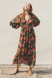 Camel Floral Ruffle Accent Deep V-Neck Maxi Dress