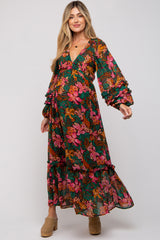 Camel Floral Ruffle Accent Deep V-Neck Maternity Maxi Dress