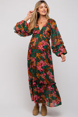 Camel Floral Ruffle Accent Deep V-Neck Maternity Maxi Dress