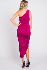 Magenta Ruched Asymmetrical Maxi Dress