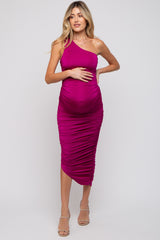 Magenta Ruched Asymmetrical Maternity Maxi Dress