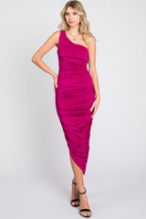 Magenta Ruched Asymmetrical Maxi Dress