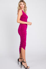 Magenta Ruched Asymmetrical Maxi Dress