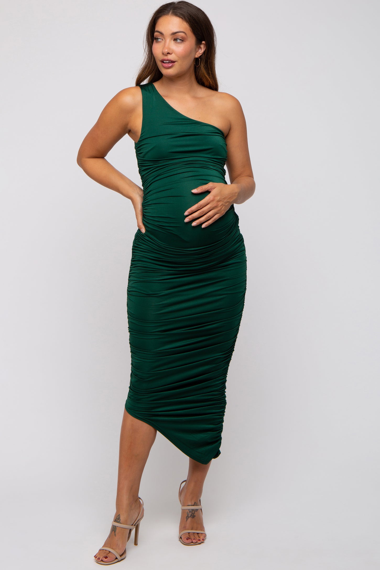 Forest Green Ruched Asymmetrical Maternity Maxi Dress – PinkBlush