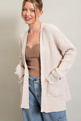 Beige Brushed Chenille Knit Maternity Cardigan