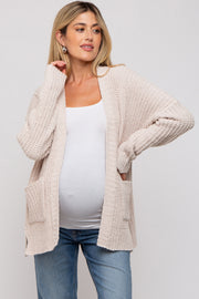 Beige Brushed Chenille Knit Maternity Cardigan