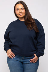 Navy Blue Soft Knit Fleece Lined Maternity Plus Sweatshirt