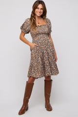 Mocha Floral Smocked Square Neck Short Sleeve Maternity Dress