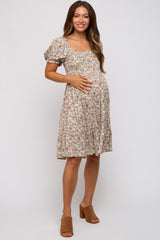 Taupe Floral Smocked Square Neck Short Sleeve Maternity Dress