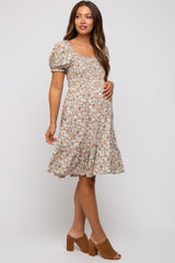 Taupe Floral Smocked Square Neck Short Sleeve Maternity Dress