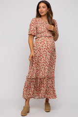 Beige Floral Smocked Flutter Short Sleeve Maternity Midi Dress