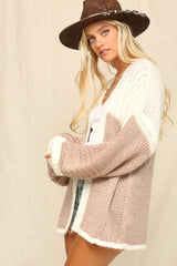 Mauve Color Blocked Chunky Knit Oversized Cardigan