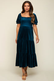 Teal Velvet Tiered Maternity Midi Dress