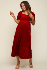 Red Velvet Tiered Maternity Midi Dress