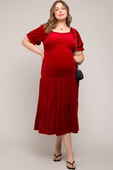 Red Velvet Tiered Maternity Plus Midi Dress