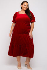 Red Velvet Tiered Maternity Plus Midi Dress