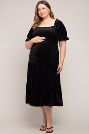 Black Velvet Tiered Maternity Plus Midi Dress