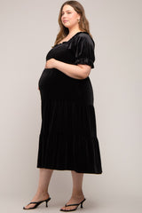 Black Velvet Tiered Maternity Plus Midi Dress