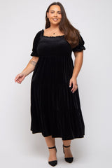 Black Velvet Tiered Plus Midi Dress