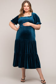 Teal Velvet Tiered Maternity Plus Midi Dress