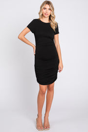 Black Ruched Fitted Short Sleeve Dress