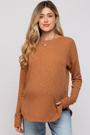 Camel Ribbed Round Hem Button Maternity Top