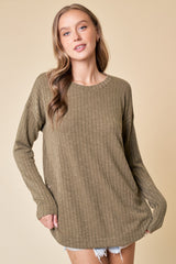 Olive Ribbed Round Hem Button Maternity Top