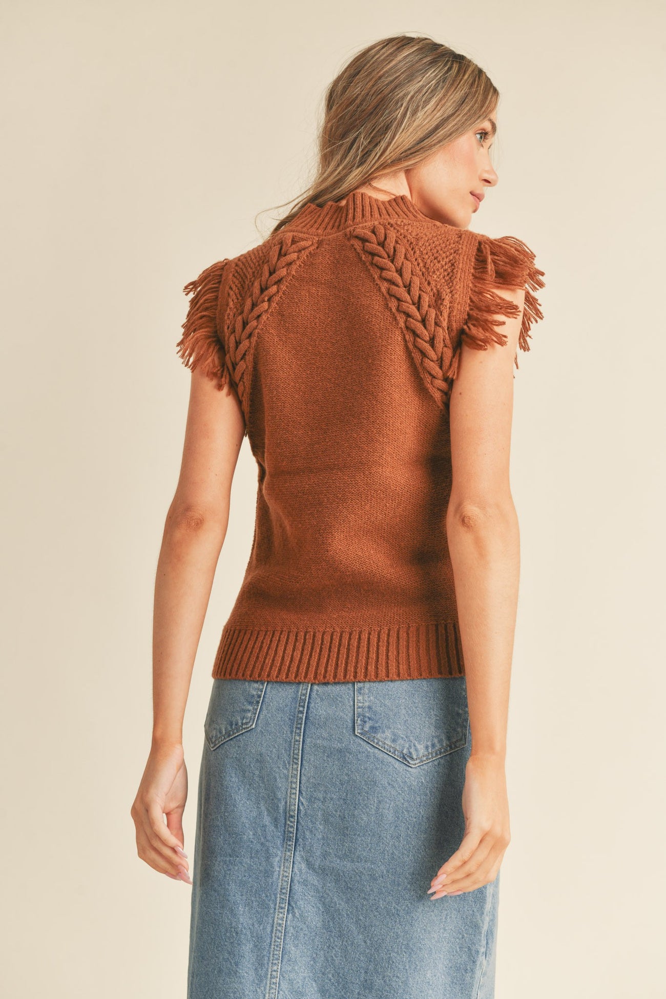 Taupe Cable Knit Sweater Vest With Fringe– PinkBlush
