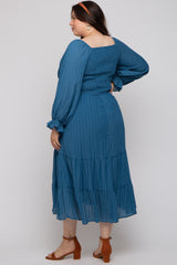 Blue Textured Stripe Smocked Square Neck Maternity Plus Midi Dress