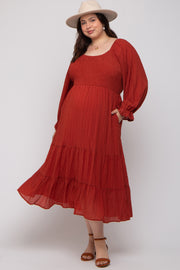 Rust Textured Stripe Smocked Square Neck Maternity Plus Midi Dress