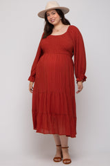 Rust Textured Stripe Smocked Square Neck Maternity Plus Midi Dress