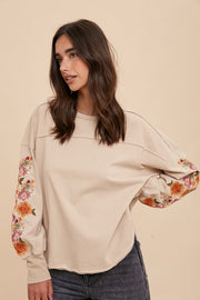 Beige Garment Washed Pullover With Embroidered Sleeves