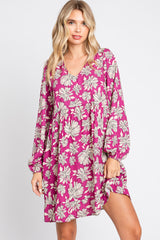 Magenta Floral V-Neck Long Sleeve Dress