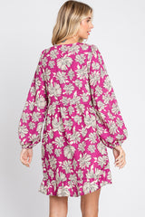 Magenta Floral V-Neck Long Sleeve Dress