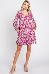 Magenta Floral V-Neck Long Sleeve Dress