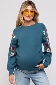 Teal Knit Floral Maternity Sweater