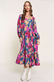 Fuchsia Floral Square Neck Long Sleeve Midi Dress