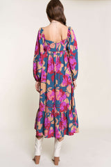 Fuchsia Floral Square Neck Long Sleeve Midi Dress