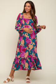 Fuchsia Floral Square Neck Long Sleeve Maternity Midi Dress