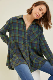 Green Mineral-Washed Plaid Button-Down Shirt