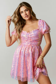 Pink Flower Sequin Mini Dress