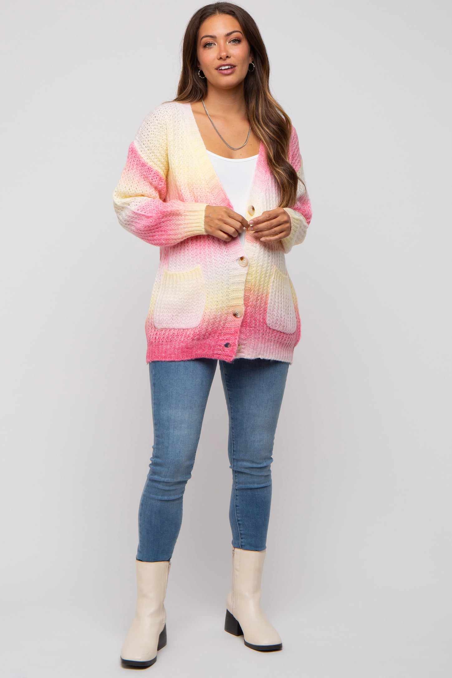 Pink Multi Gradation Button Down Knit Cardigan Sweater PinkBlush