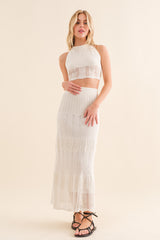 Off White Crochet Top And Skirt Set