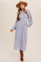 Misty Blue Pleated Round Neck Maxi Dress