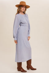 Misty Blue Pleated Round Neck Maxi Dress