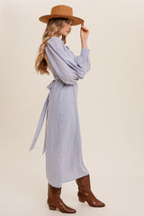 Misty Blue Pleated Round Neck Maxi Dress