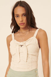 Oatmeal Woven Ruched Self Tie Knot Cami Top