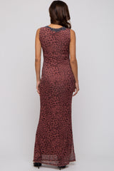 Brown Animal Print Mesh Overlay Maternity Maxi Dress